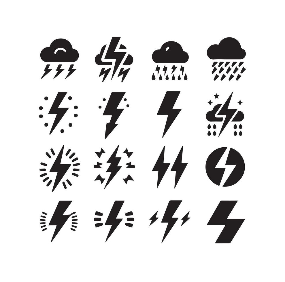 Lightning bolt icon illustration set isolated on white background. Black flash symbol, thunderbolt illustration. vector