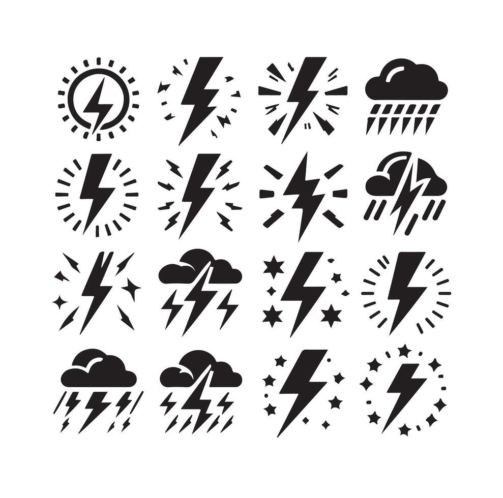 Lightning bolt icon illustration set isolated on white background. Black flash symbol, thunderbolt illustration. vector