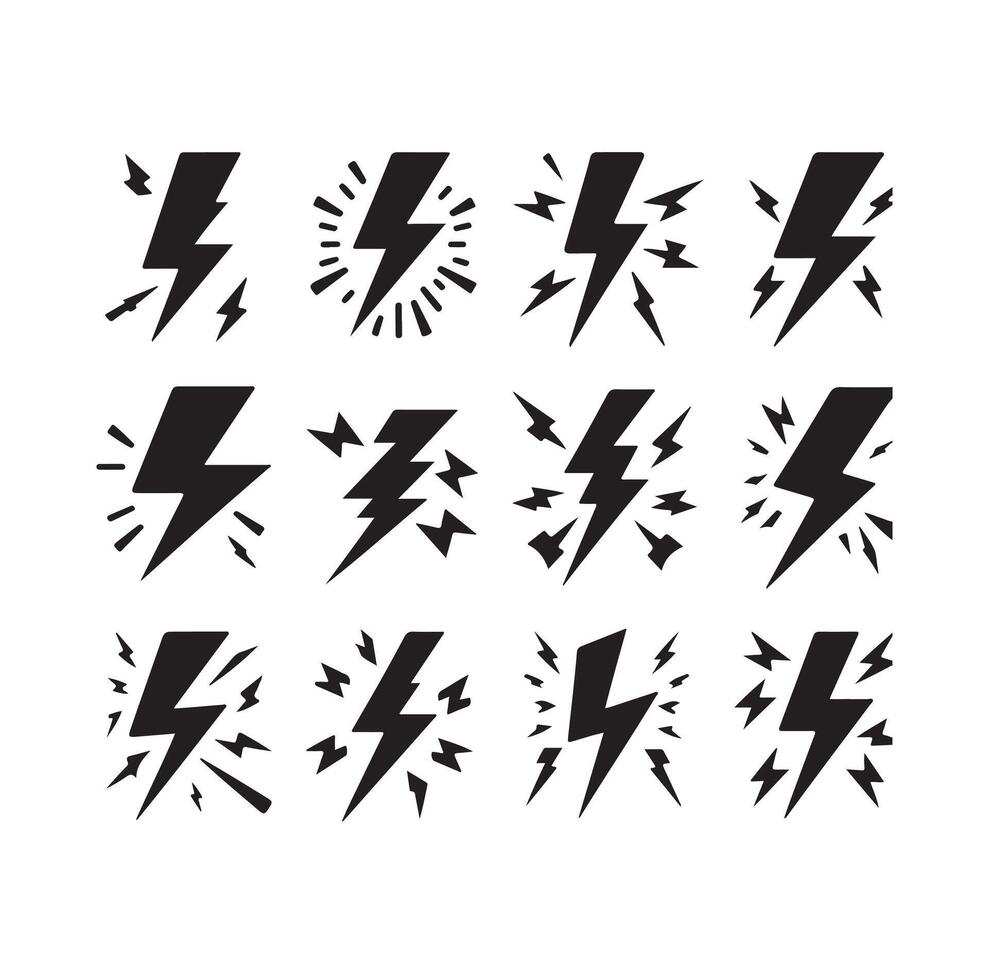 Lightning bolt icon illustration set isolated on white background. Black flash symbol, thunderbolt illustration. vector