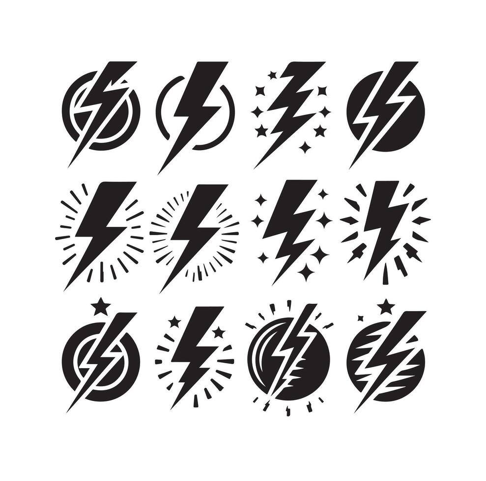 Lightning bolt icon illustration set isolated on white background. Black flash symbol, thunderbolt illustration. vector