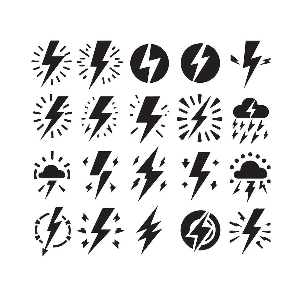 Lightning bolt icon illustration set isolated on white background. Black flash symbol, thunderbolt illustration. vector