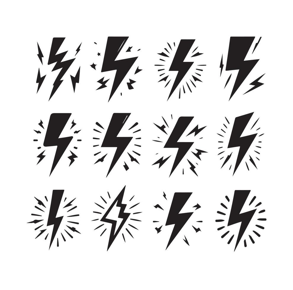 Lightning bolt icon illustration set isolated on white background. Black flash symbol, thunderbolt illustration. vector