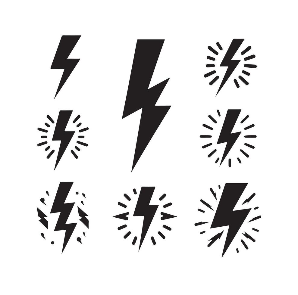 Lightning bolt icon illustration set isolated on white background. Black flash symbol, thunderbolt illustration. vector