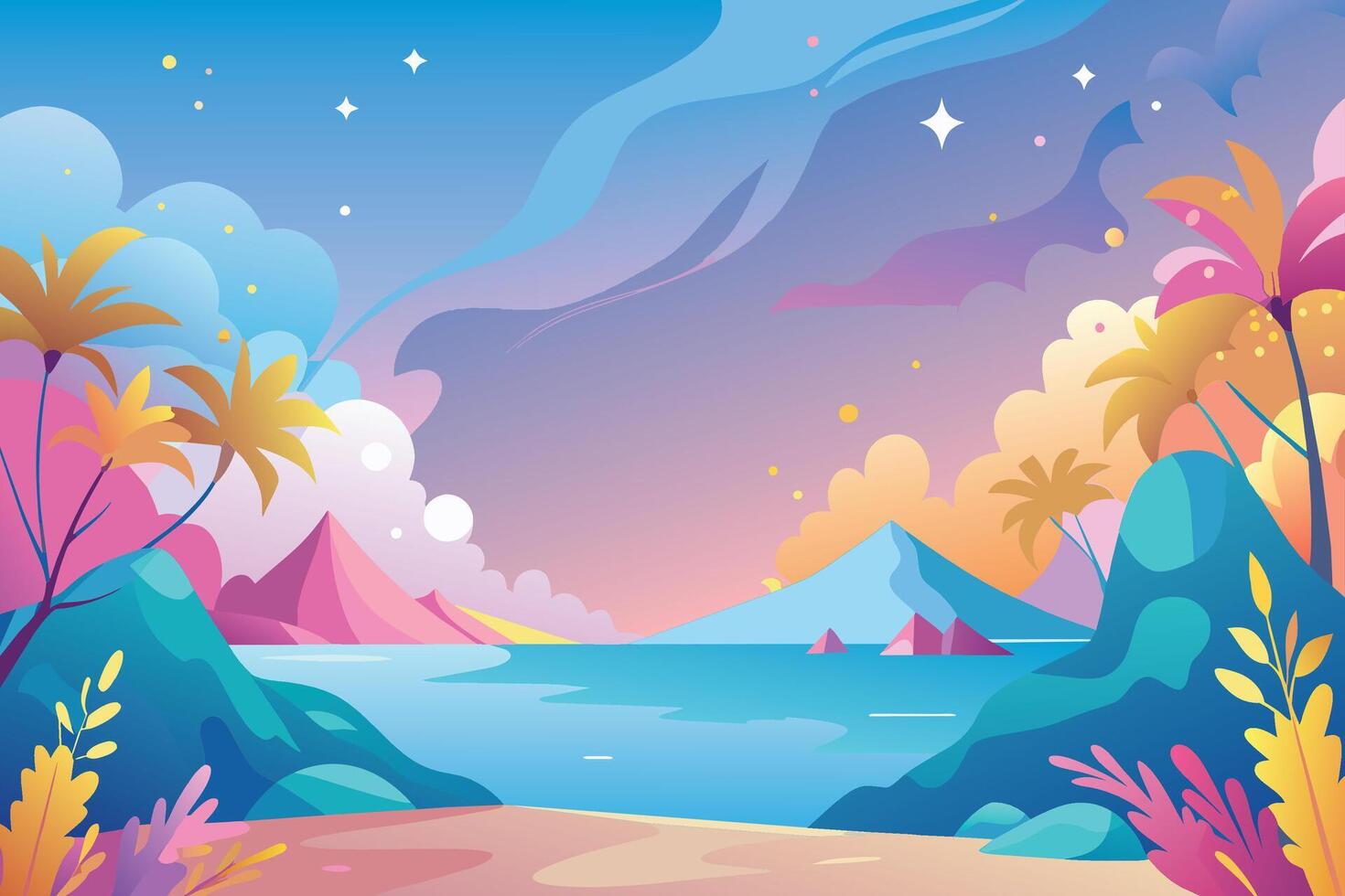 sunset with mountains, palm trees, and a quiet beach vector