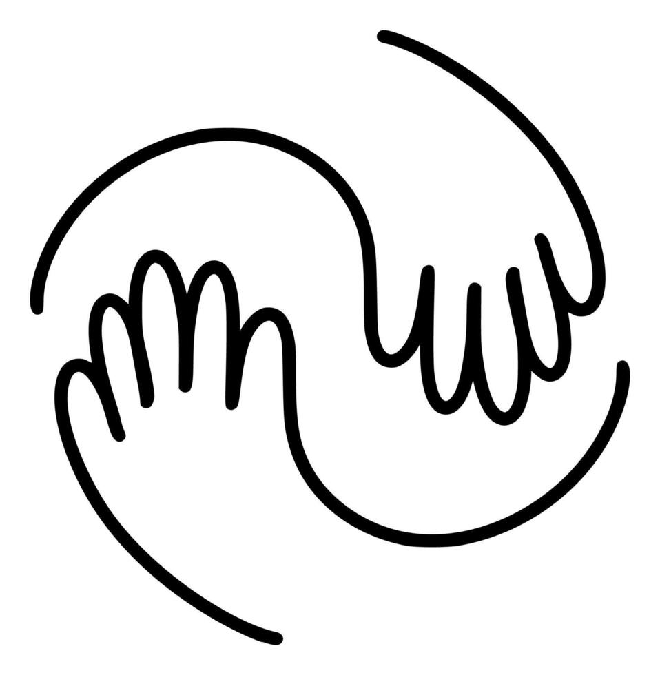 Simple black and white two hands interlocked drawing logo hug icon symbolizing unity and support. illustration for web design vector