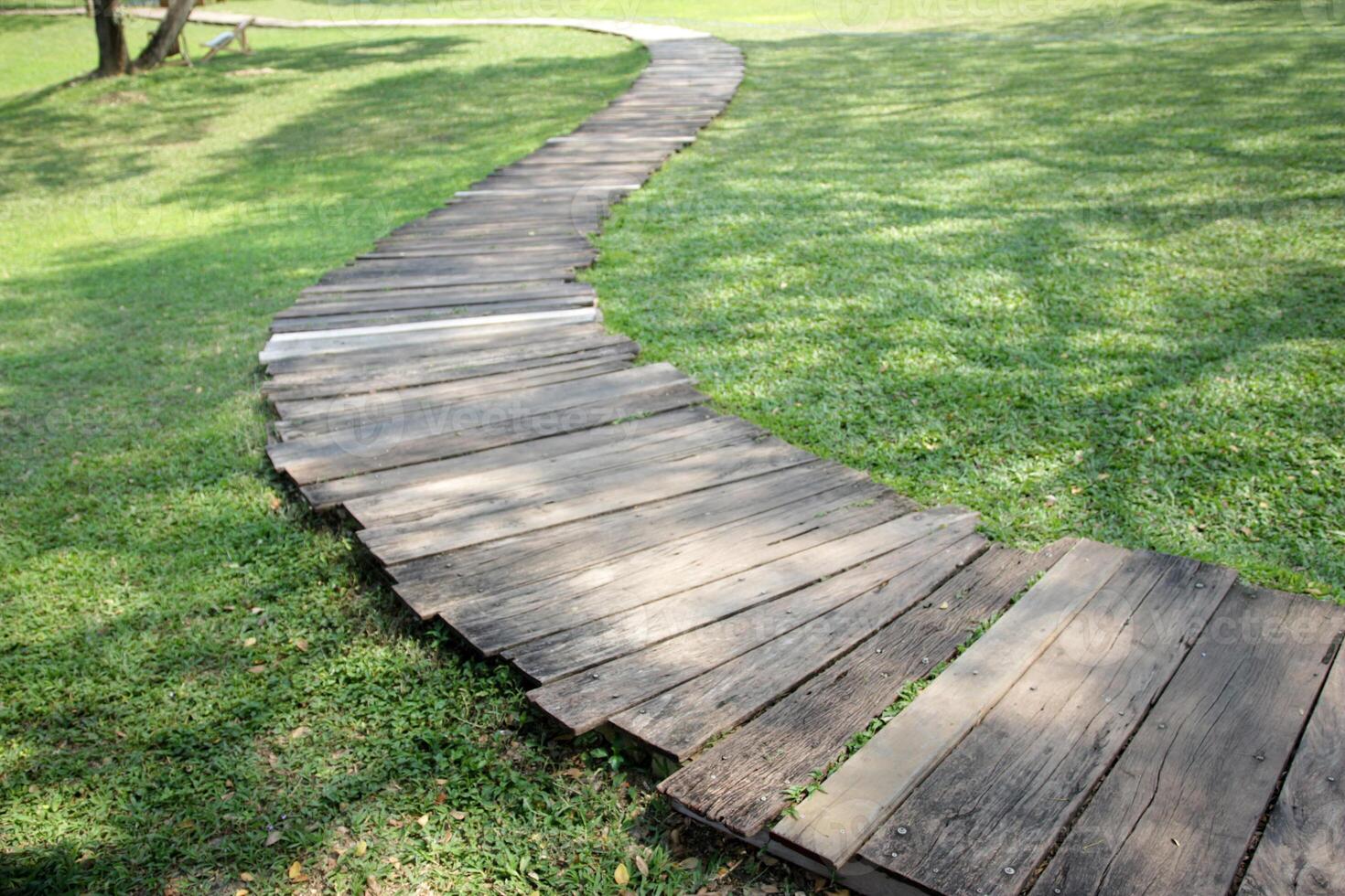 A row of wooden walkways in the garden with natural background photo