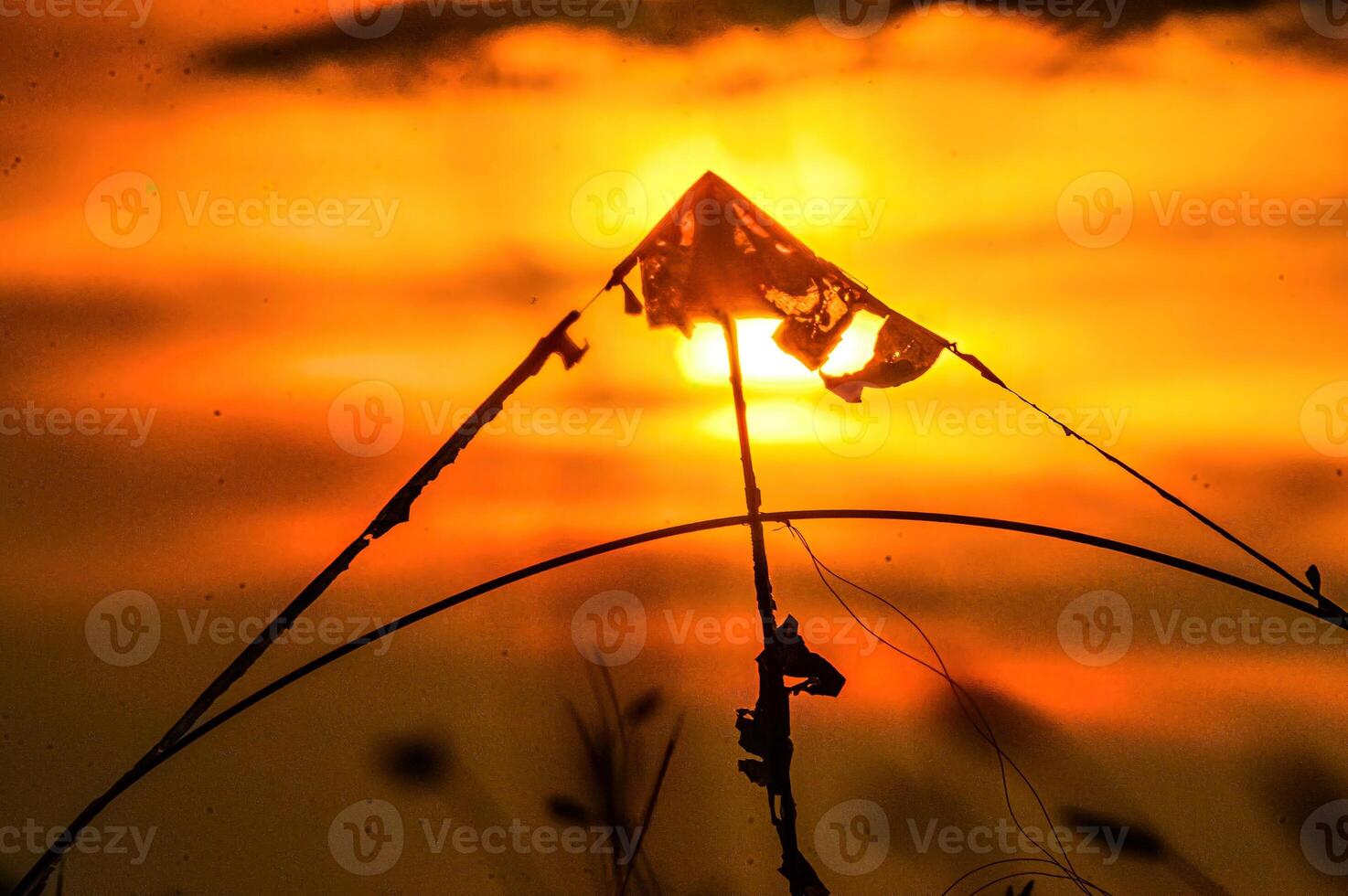 silhouette of a broken kite at dusk photo