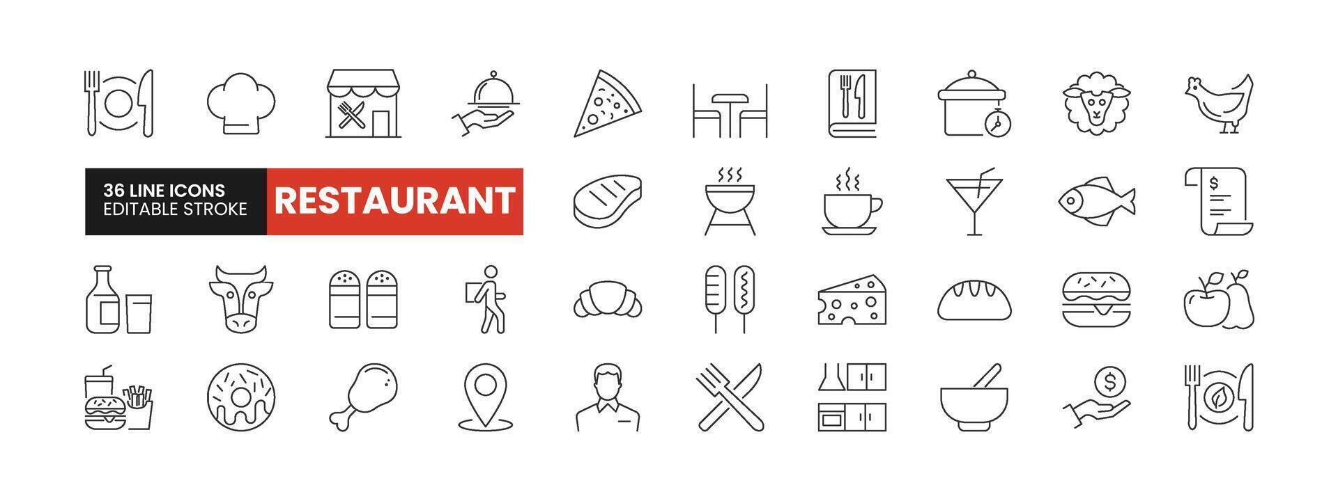 Set of 36 Restaurant line icons set. Restaurant outline icons with editable stroke collection. Includes Chef, Fast Food, BBQ, Healthy Food, Waiter, and More. vector