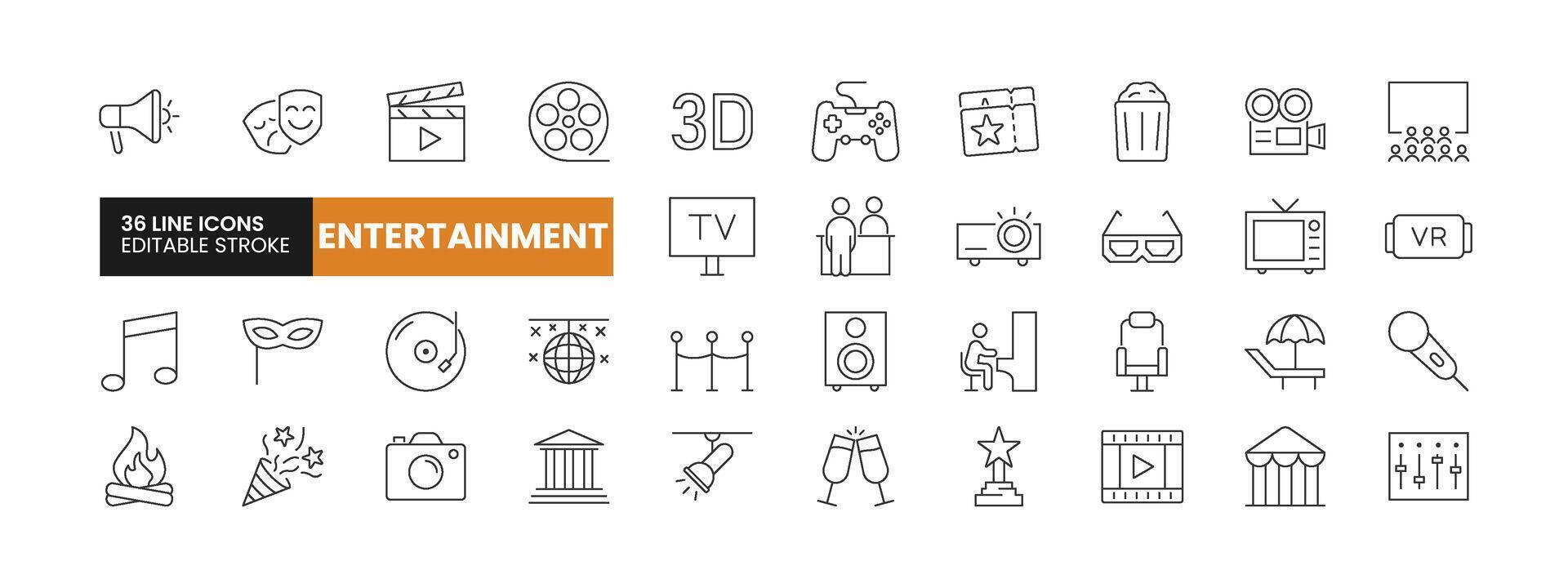 Set of 36 Entertainment line icons set. Entertainment outline icons with editable stroke collection. Includes Cinema, Gaming, Television, Beach, Theatre, and More. vector