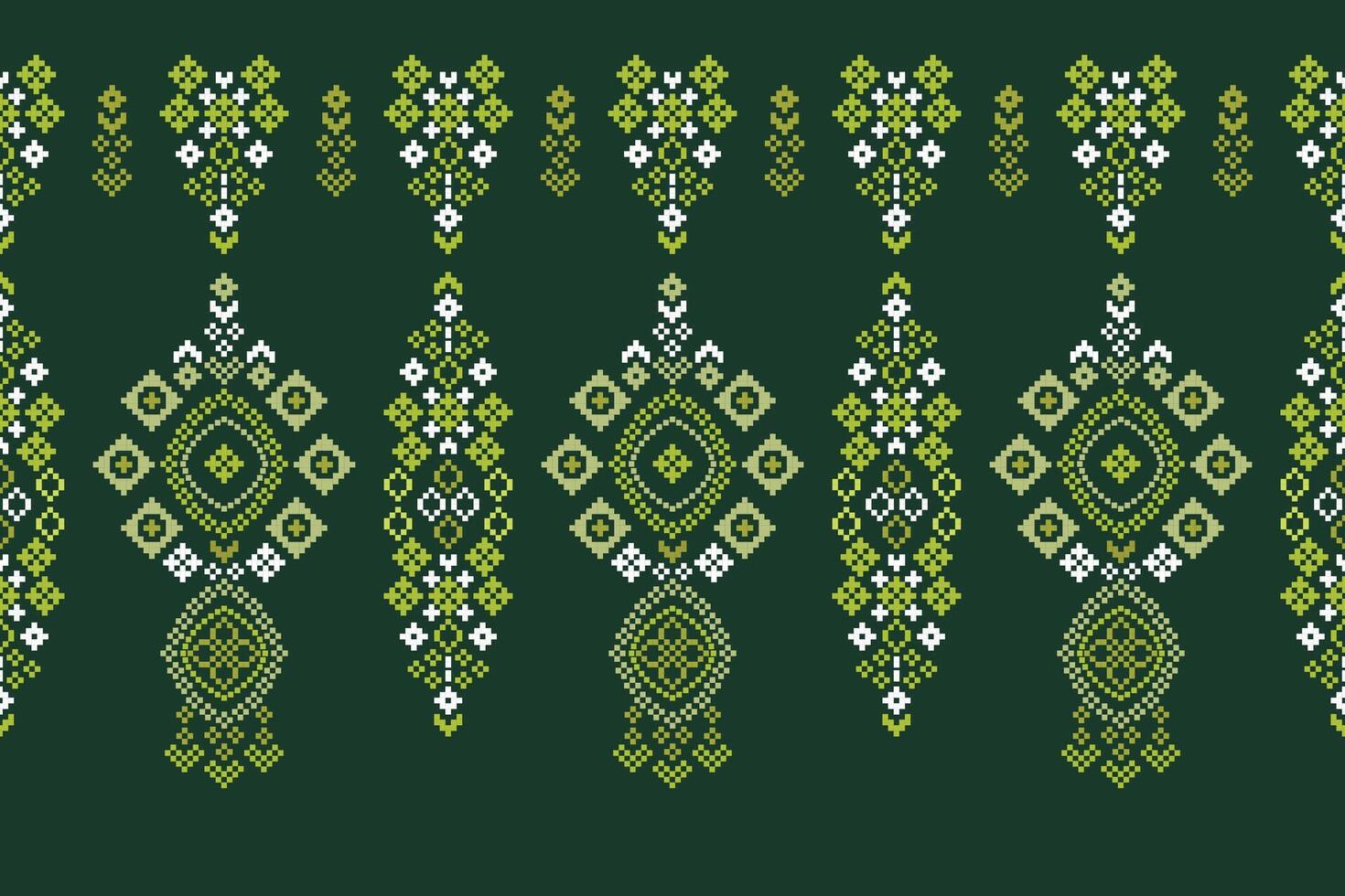 Traditional ethnic motifs ikat geometric fabric pattern cross stitch.Ikat embroidery Ethnic oriental Pixel green background. Abstract,,illustration. Texture,scarf,decoration,wallpaper. vector