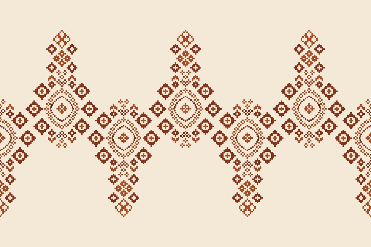Traditional ethnic motifs ikat geometric fabric pattern cross stitch.Ikat embroidery Ethnic oriental Pixel brown cream background. Abstract,,illustration. Texture,scarf,decoration,wallpaper. vector