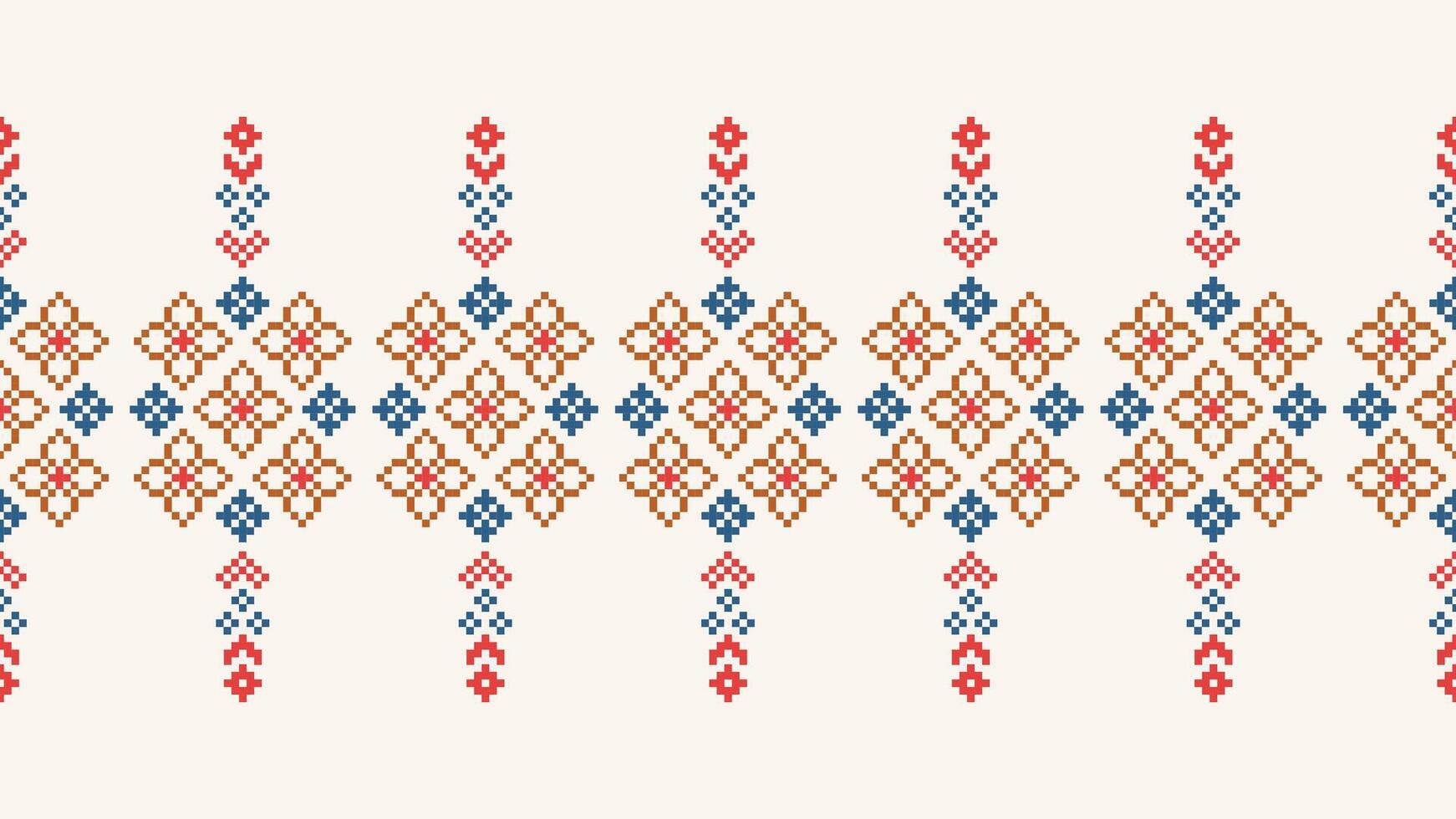 Traditional ethnic motifs ikat geometric fabric pattern cross stitch.Ikat embroidery Ethnic oriental Pixel brown cream background. Abstract,,illustration. Texture,scarf,decoration,wallpaper. vector