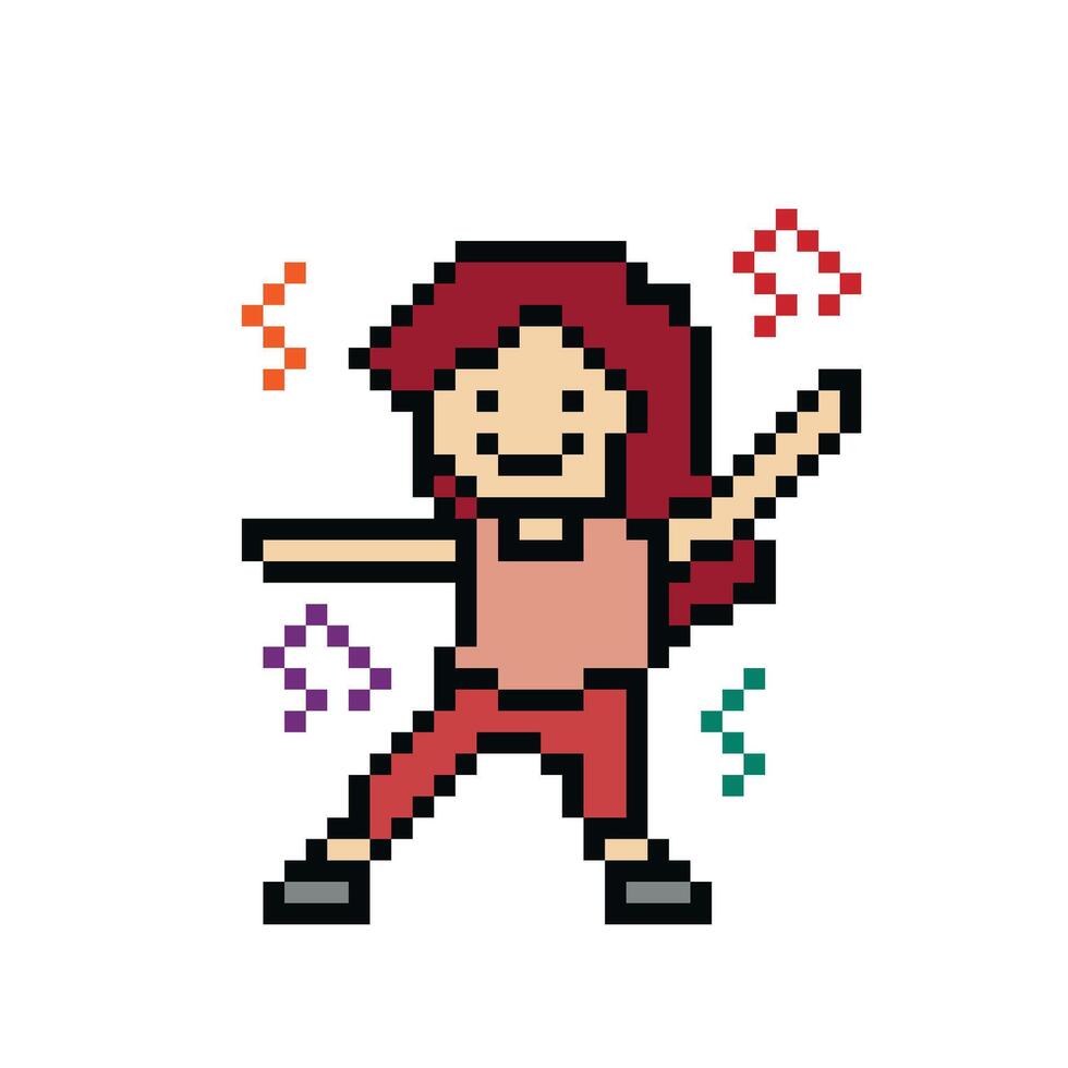 Cute pixel cartoon 8bit character woman exercises training dance lifestyle decoration life style 8 bit female girl dance with music note game fitness . vector