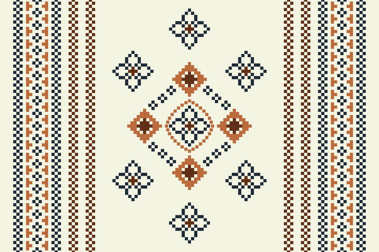 Traditional ethnic motifs ikat geometric fabric pattern cross stitch.Ikat embroidery Ethnic oriental Pixel brown cream background. Abstract,,illustration. Texture,scarf,decoration,wallpaper. vector