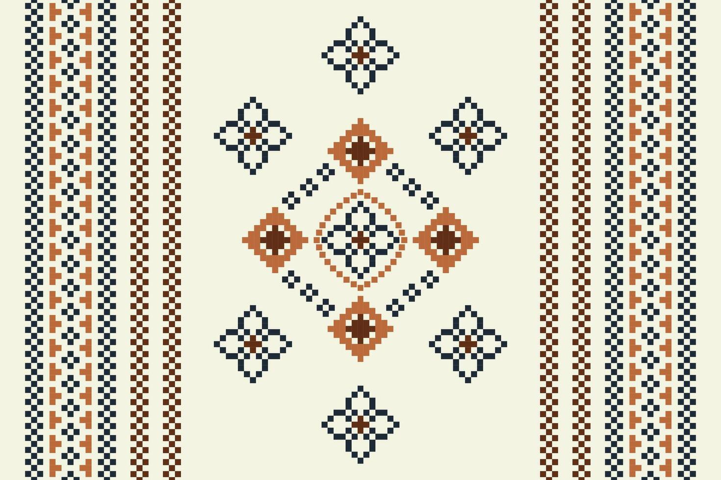 Traditional ethnic motifs ikat geometric fabric pattern cross stitch.Ikat embroidery Ethnic oriental Pixel brown cream background. Abstract,,illustration. Texture,scarf,decoration,wallpaper. vector