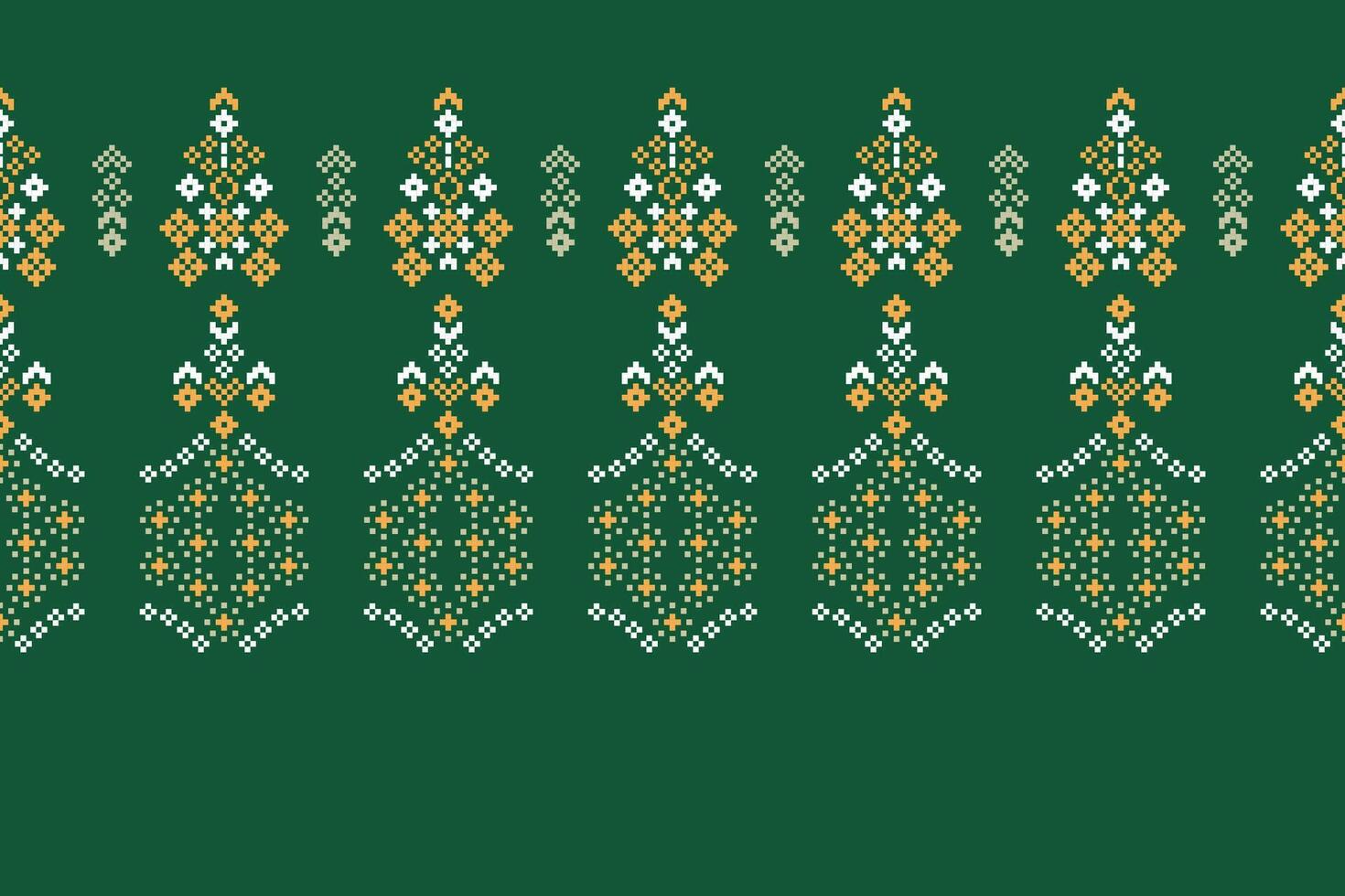 Traditional ethnic motifs ikat geometric fabric pattern cross stitch.Ikat embroidery Ethnic oriental Pixel green background. Abstract,,illustration. Texture,scarf,decoration,wallpaper. vector