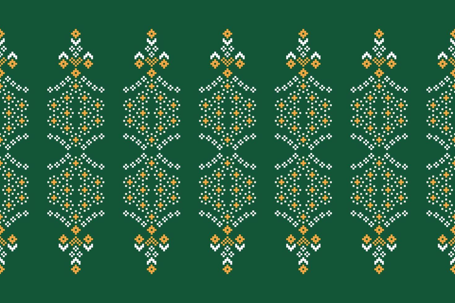 Traditional ethnic motifs ikat geometric fabric pattern cross stitch.Ikat embroidery Ethnic oriental Pixel green background. Abstract,,illustration. Texture,scarf,decoration,wallpaper. vector