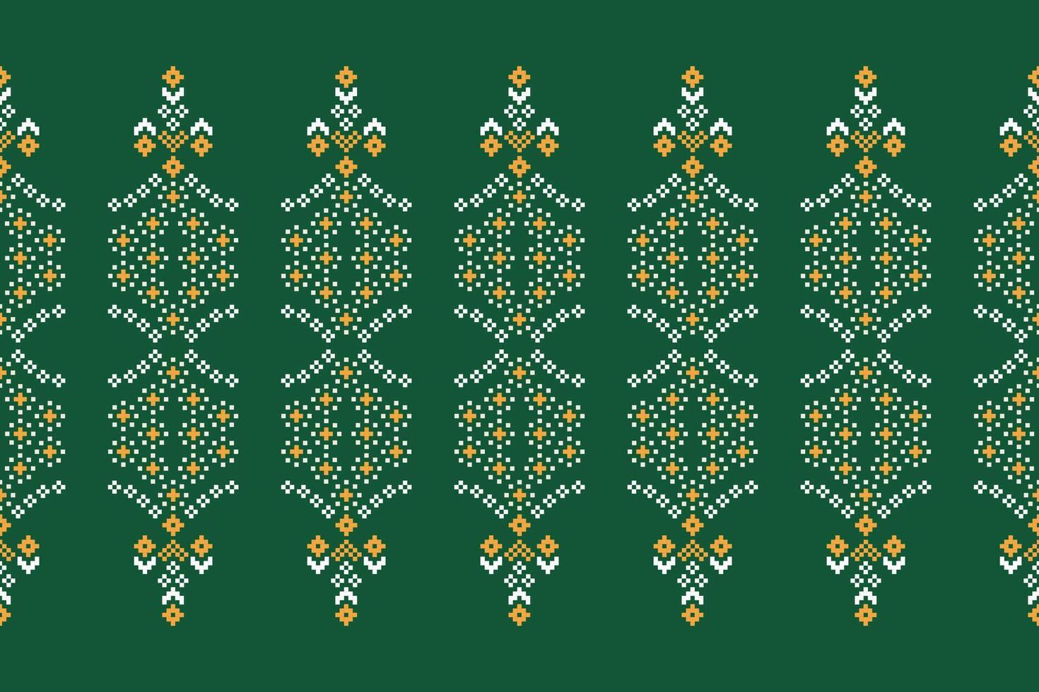 Traditional ethnic motifs ikat geometric fabric pattern cross stitch.Ikat embroidery Ethnic oriental Pixel green background. Abstract,,illustration. Texture,scarf,decoration,wallpaper. vector