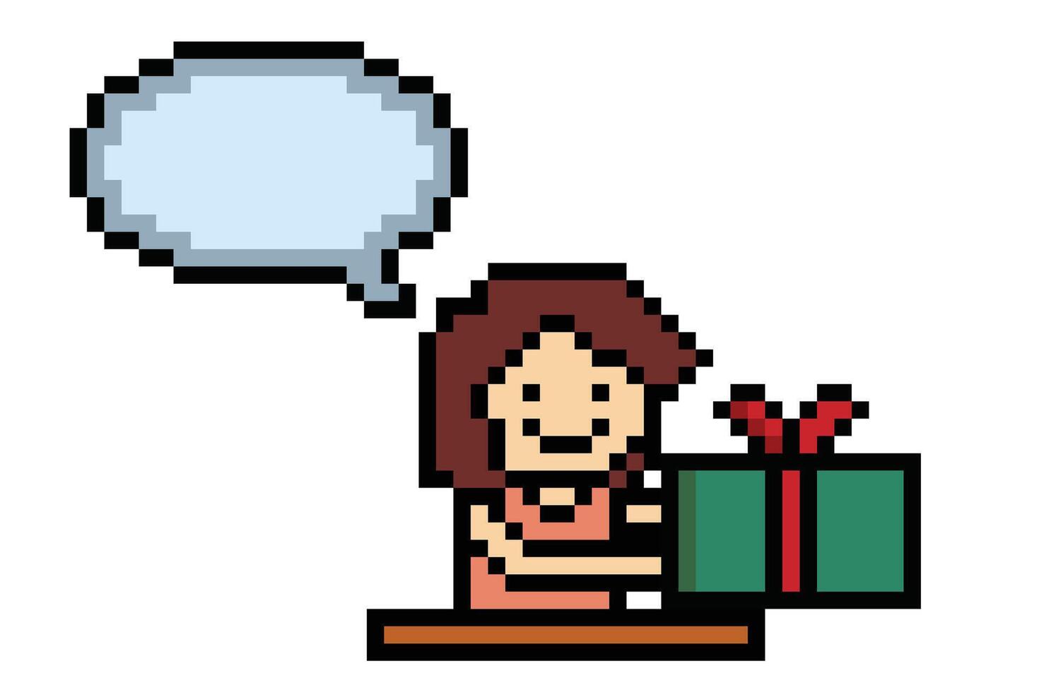 Cute pixel cartoon 8bit character woman hold gift box with chatblank decoration 8 bit female girl give gift box shopping birthday christmas game. vector