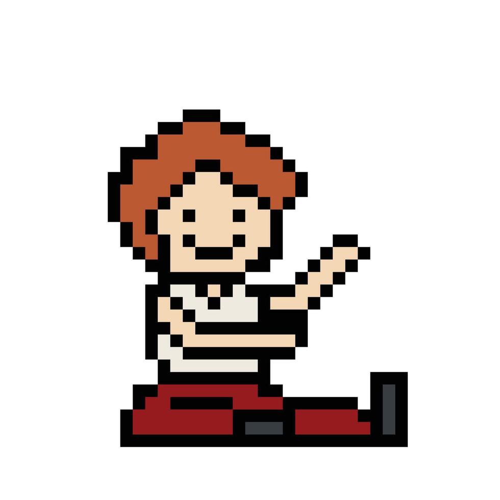 linda píxel dibujos animados 8 bits personaje hombre aerobio yoga ejercicios formación estilo de vida decoración vida estilo 8 poco masculino chico ejercicio gimnasio yoga aptitud calentar juego . vector