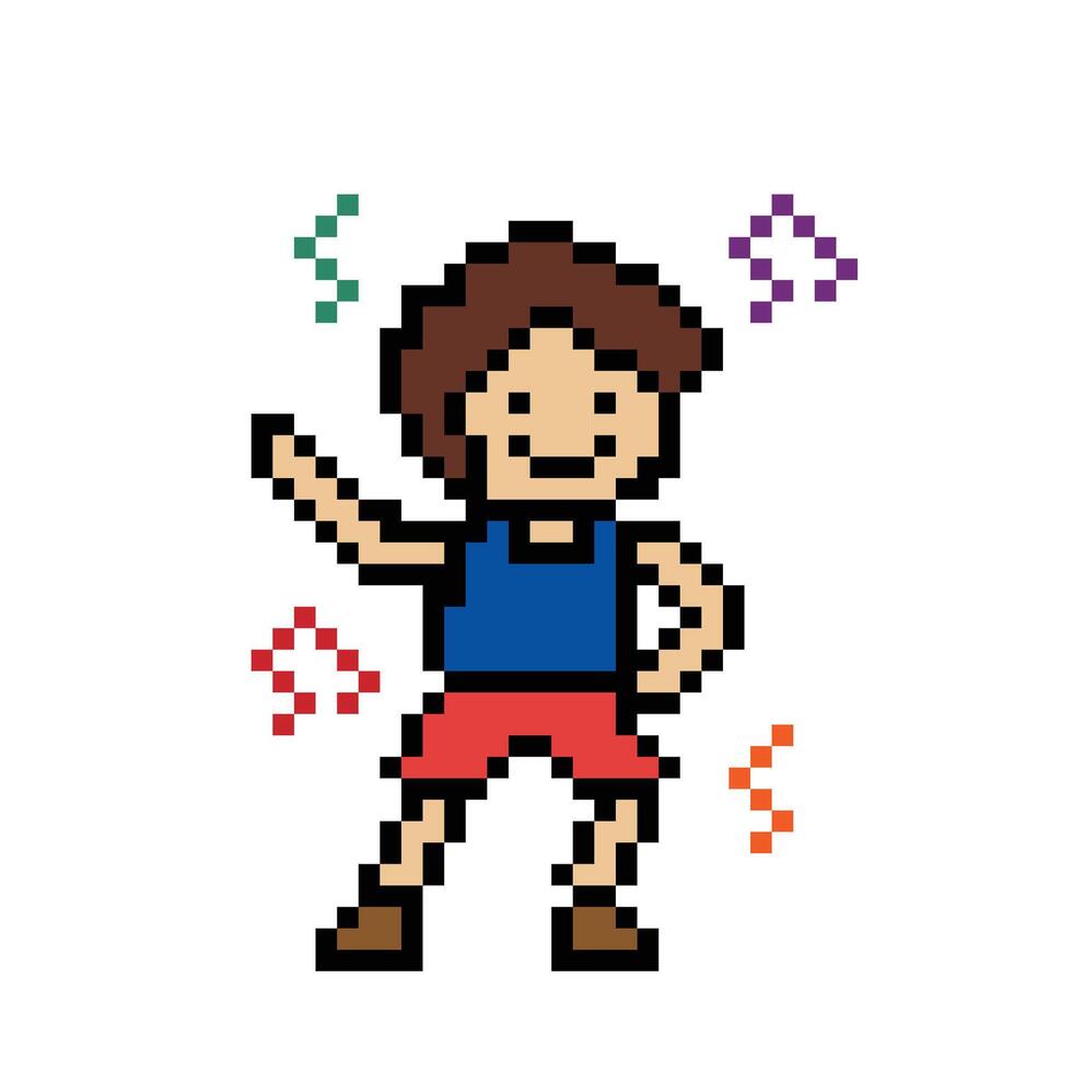 Cute pixel cartoon 8bit character man exercises training dance lifestyle for decoration life style 8 bit male boy dance with music note game fitness . vector