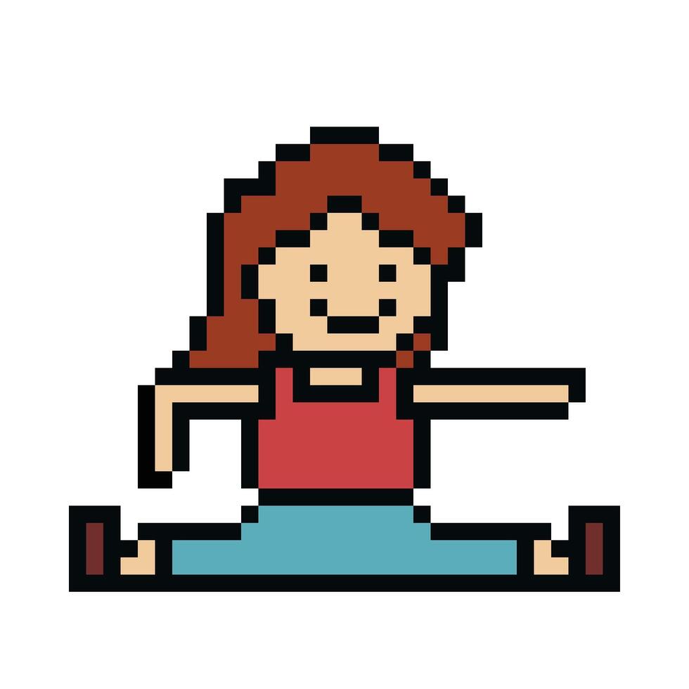 linda píxel dibujos animados 8 bits personaje mujer aerobio yoga ejercicios formación estilo de vida decoración vida estilo 8 poco hembra niña ejercicio gimnasio yoga aptitud calentar juego . vector