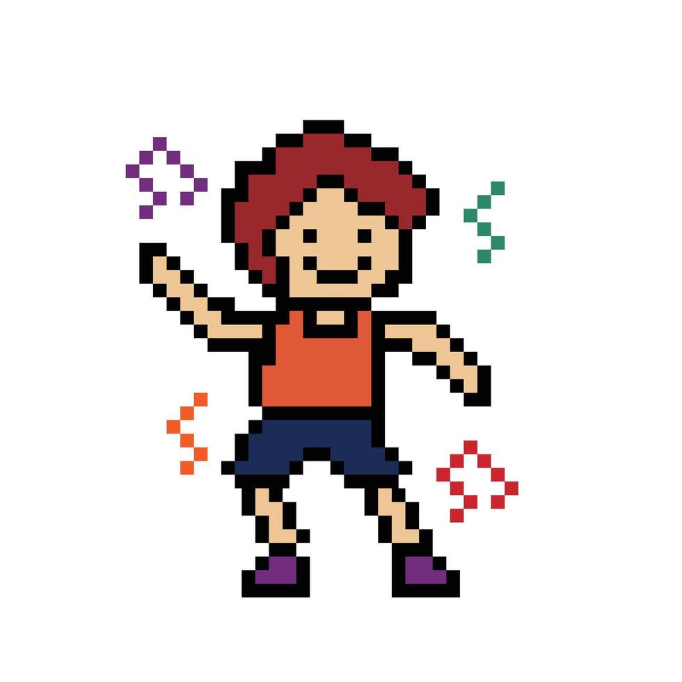 Cute pixel cartoon 8bit character man exercises training dance lifestyle for decoration life style 8 bit male boy dance with music note game fitness . vector