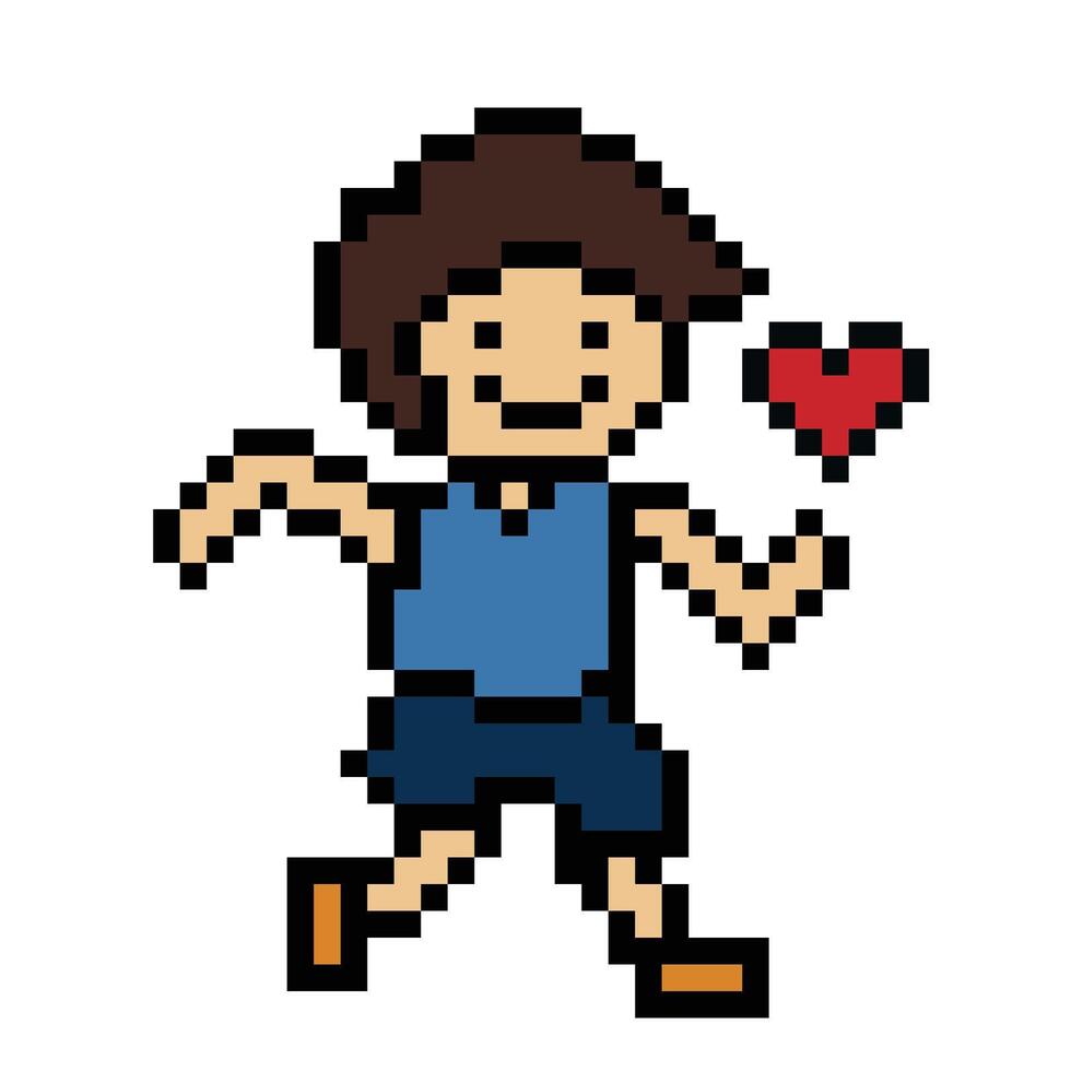 Cute pixel cartoon 8bit character man run or running with heart lifestyle decoration life style 8 bit male boy marathon exercise fitness . vector
