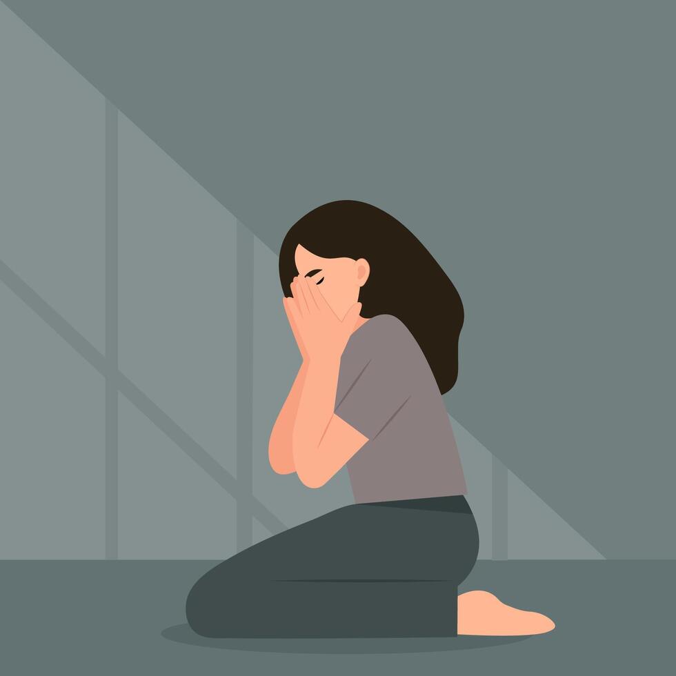 A female crying and covering her face. Mental health disorder concept.Hand helps a woman to get rid of stress and depression. illustration vector