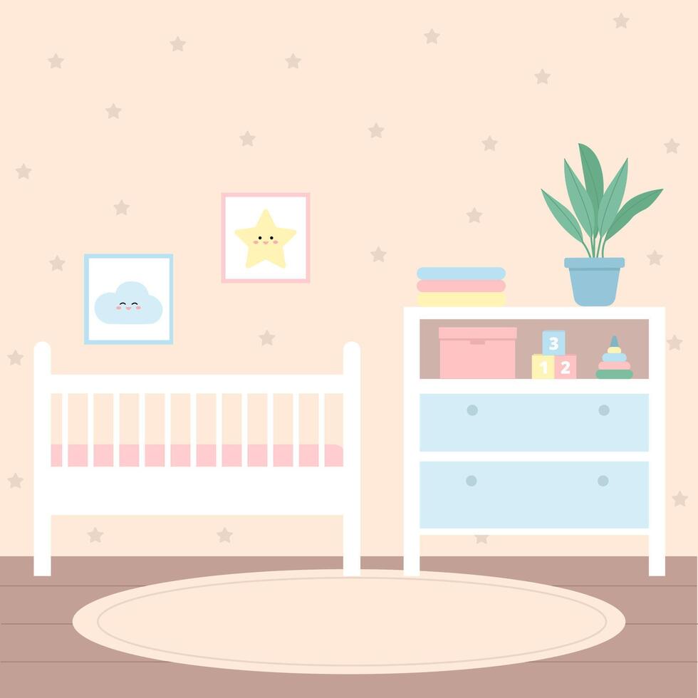 Baby room interior. Bedroom with cot bed, furniture, lamp and curtains on window. vector