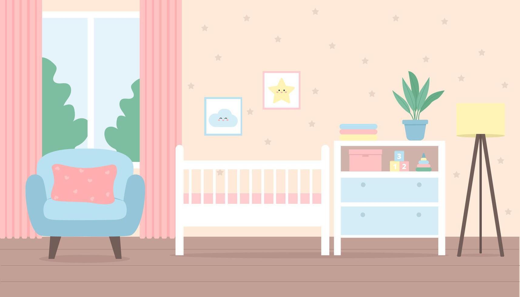 Baby room interior. Bedroom with cot bed, furniture, lamp and curtains on window. vector