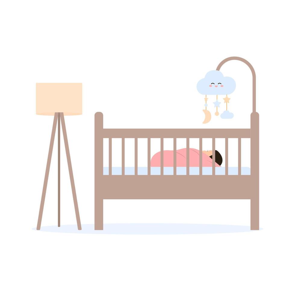 Simple cradle with baby mobile hanging toy. vector