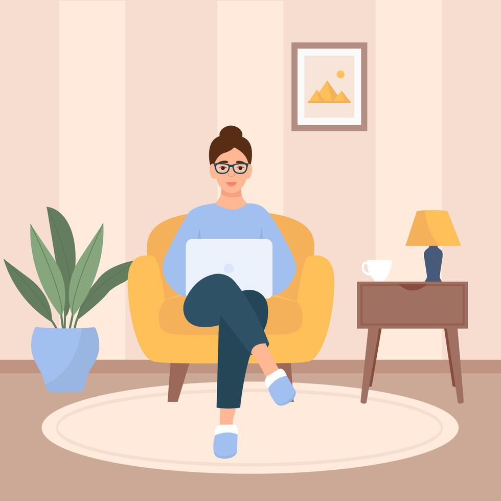 Woman works and studies online. vector
