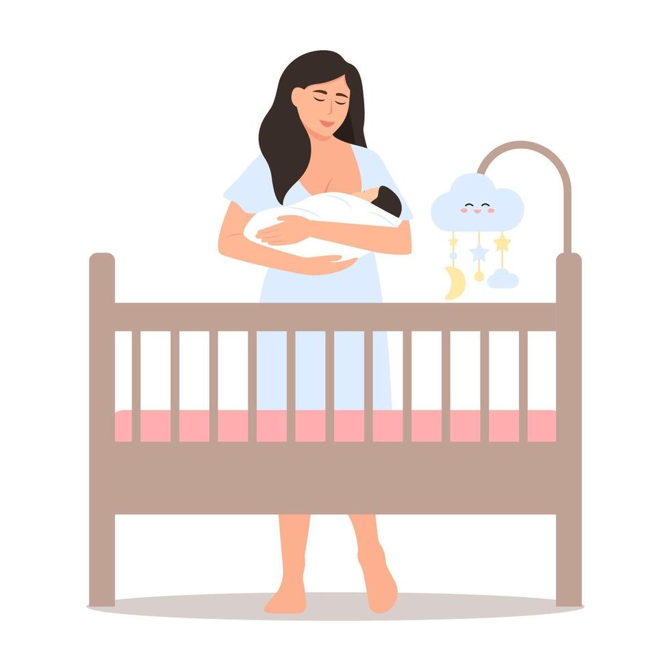 Happy mother stand with newborn baby near the crib. vector