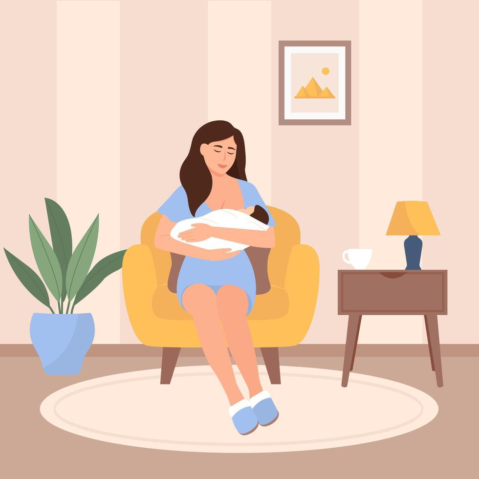 The woman sitting in an armchair and feeding a newborn. vector