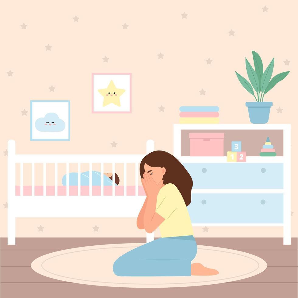 Postpartum depression. Tired sad woman sits near the cradle with a newborn baby vector