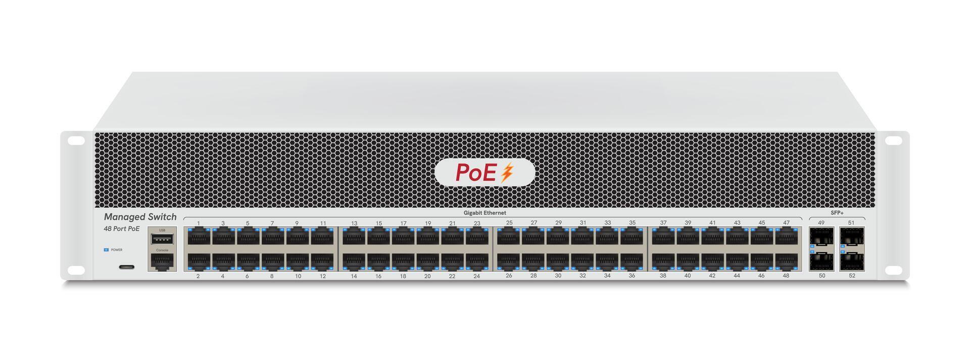 profesional red industrial gigabit cambiar aislado en blanco antecedentes con sfp puertos, poe puerto, rj45 modular tapones para sólido gato5, cat5e, cat6 ethernet cable conectores. vector