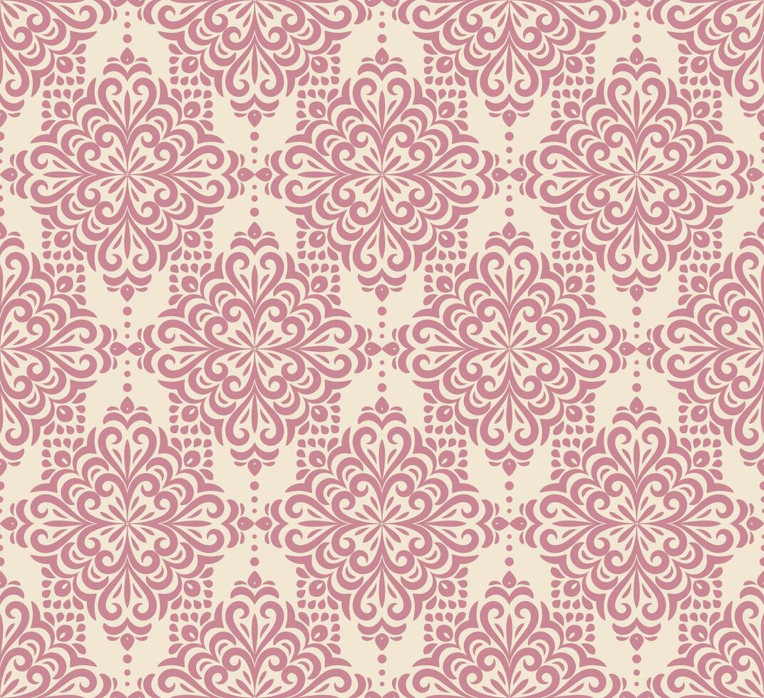 Damask background with rich, old style, luxury ornamentation, pink fashioned seamless pattern, royal wallpaper, mandala fabric swatch. vector