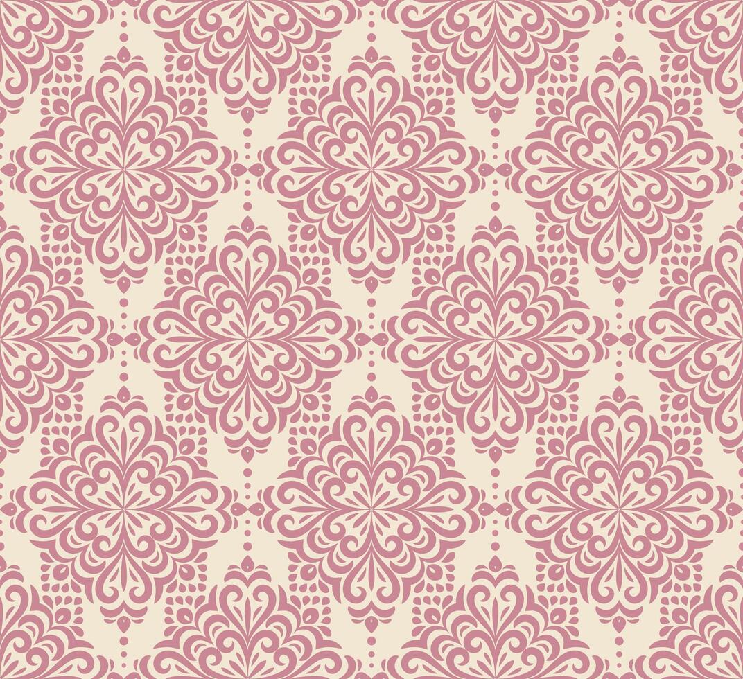 Damask background with rich, old style, luxury ornamentation, pink fashioned seamless pattern, royal wallpaper, mandala fabric swatch. vector