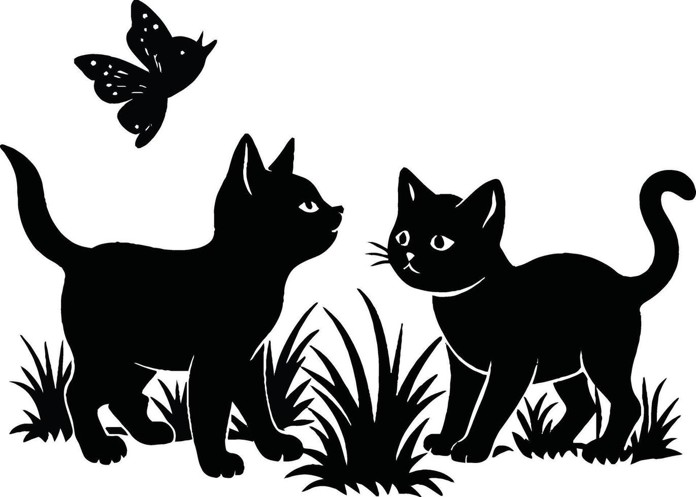 two black cats playing with butterflies in the grass vector