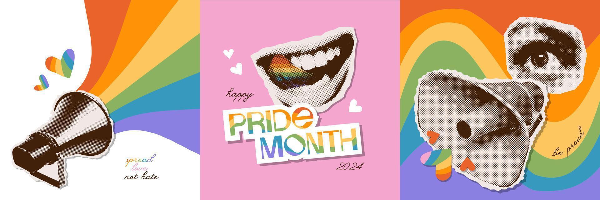 Set of three square posters for pride month with rainbows and hearts in trendy halftone collage style. Mouth, eye, loudspeakers torn out paper stickers. vintage illustration, vector