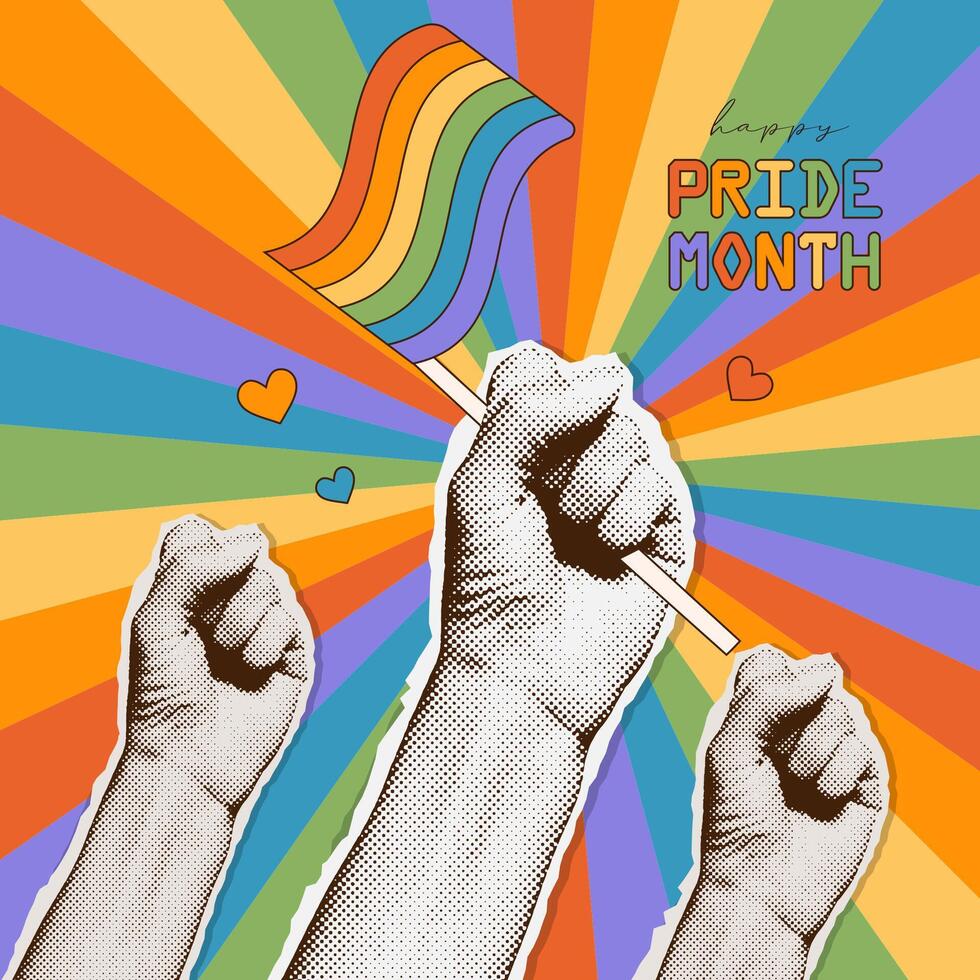 de moda trama de semitonos collage con elevado puños en concéntrico arco iris antecedentes. lgbt derechos Campaña bandera. género, diversidad, unidad concepto. plano ilustración para póster, tarjeta postal vector