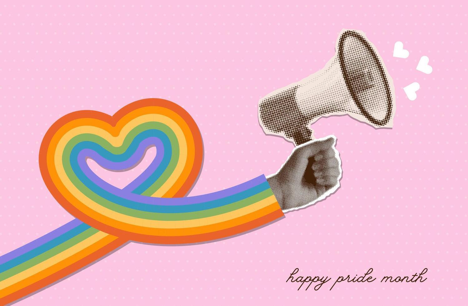 Pride Month creative banner concept. Retro collage with halftone hand holding loudspeaker with heart shaped rainbow sleeve. Collage with cut out paper elements for decoration of LGBT events. vector