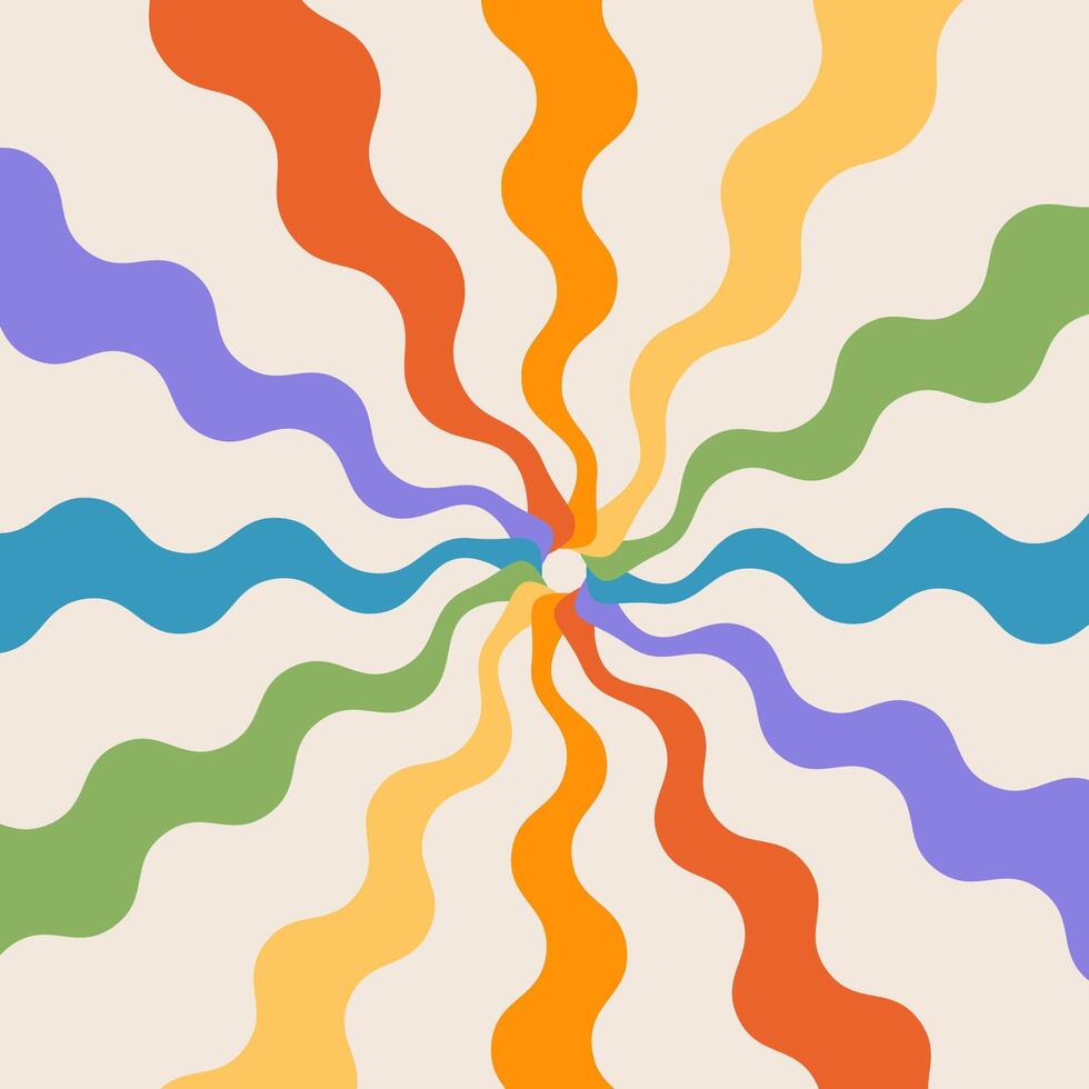 Groovy abstract rainbow swirl background with wavy rays. Retro design in 1960-1970s style. Vintage sunburst backdrop. Colorful summer hippie carnival illustration. vector