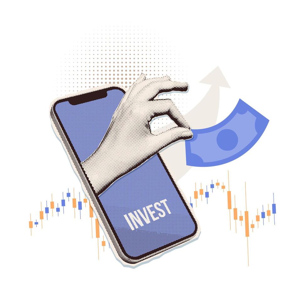 Minimalist collage with halftone-style hand investing money online. Stock trading metaphor composition. Finance-themed banner with money, phone and candlesticks graph. Cutouts magazines. vector