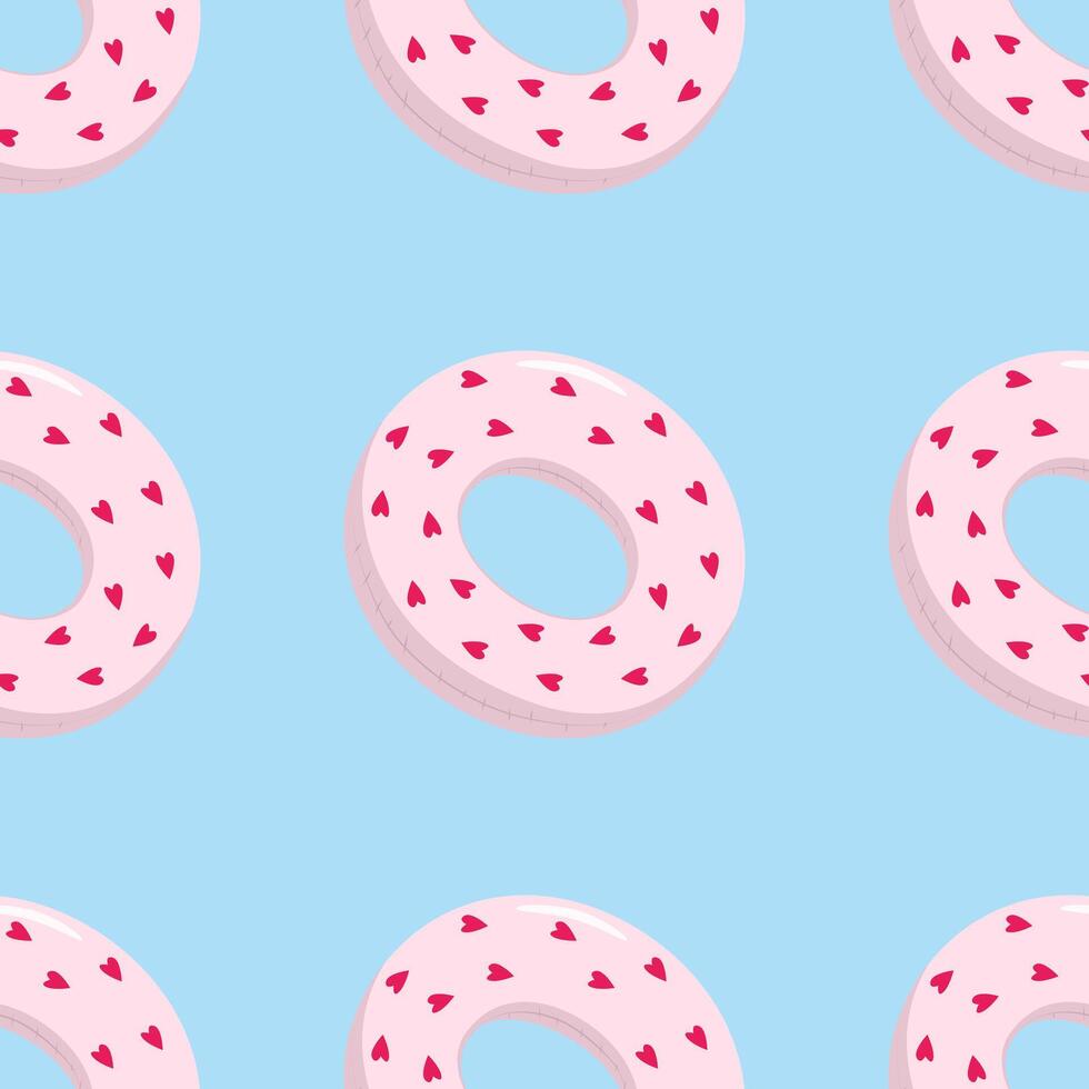 Seamless pattern with swimming circle Cartoon summer elements, travel, beach, summertime accessory. Cocktails, ice cream and exotic fruits illustration set. Palm and serfing board. Umbrella and vector