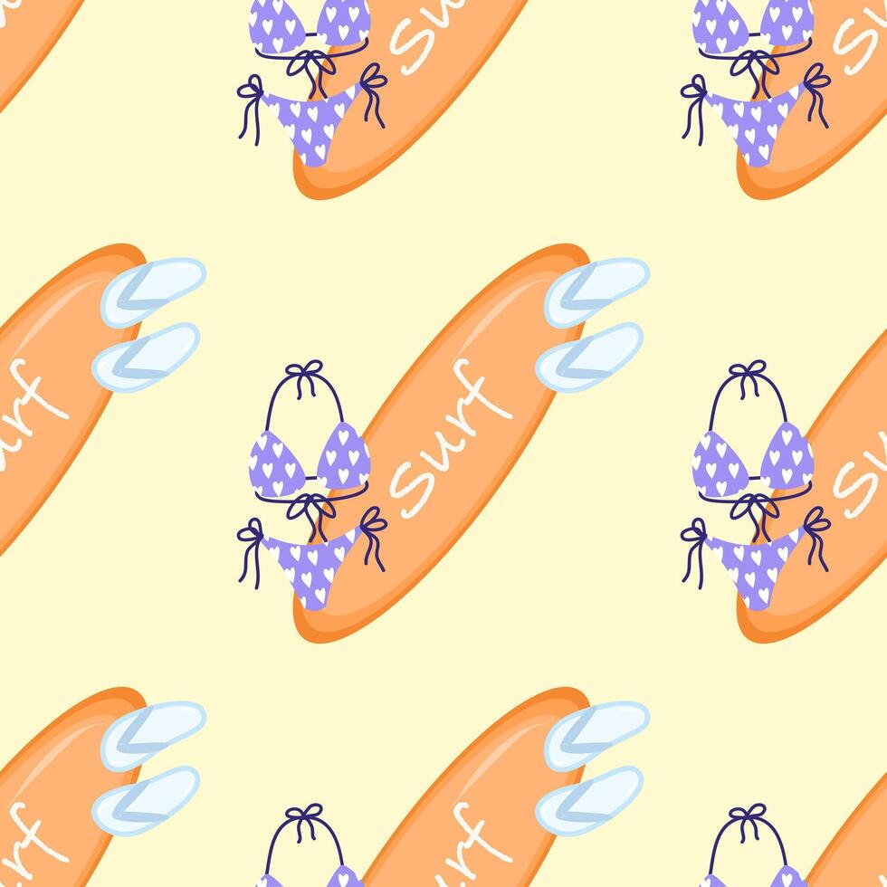 Seamless pattern Cartoon summer elements, travel, beach, summertime accessory. Surf desk, swimsuit and slippers illustration set. Palm and serfing board. Umbrella and sunglasses vector