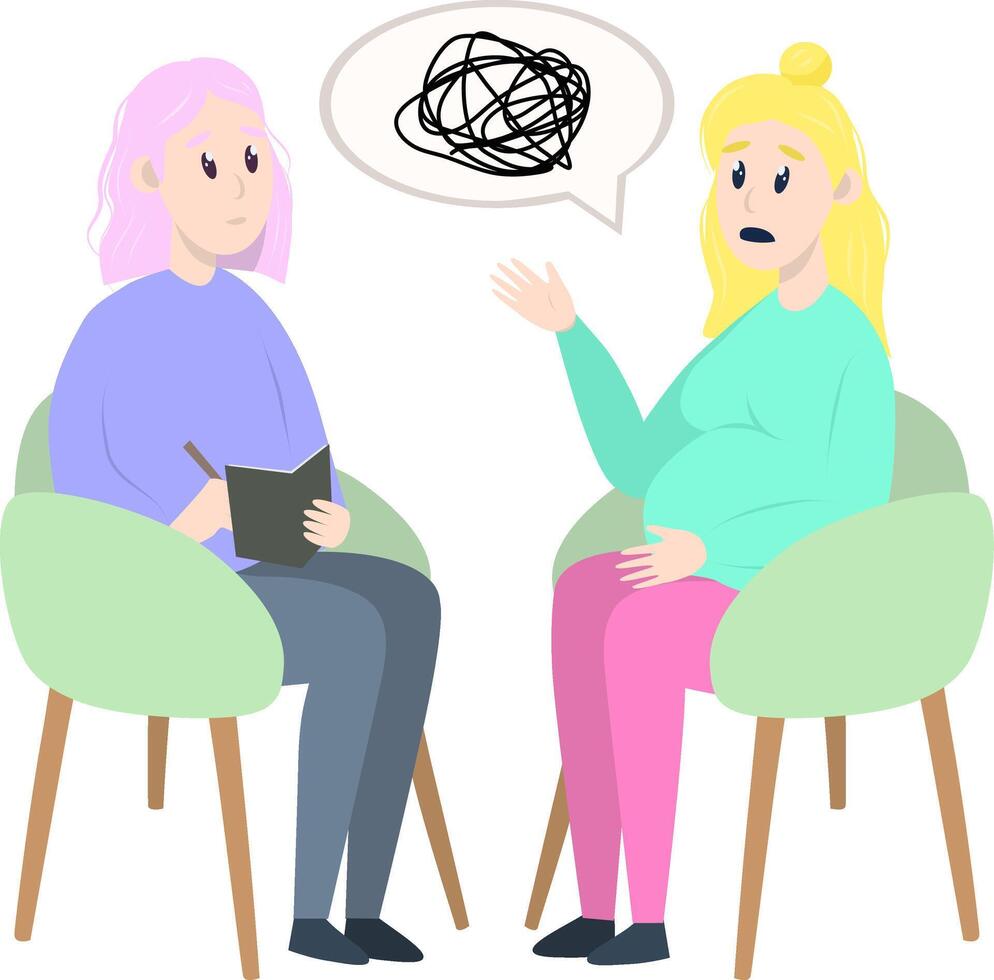 Psychotherapy session - pregnant woman talking to psychologist sitting on chair. Mental health concept, illustration in flat style vector