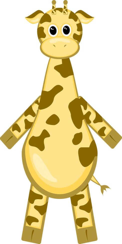 Landscape with cute baby giraffe chewing the leaves of a tree on an isolated. Flat kawaii character stands on the green grass on a sunny day and smiles happily. vector