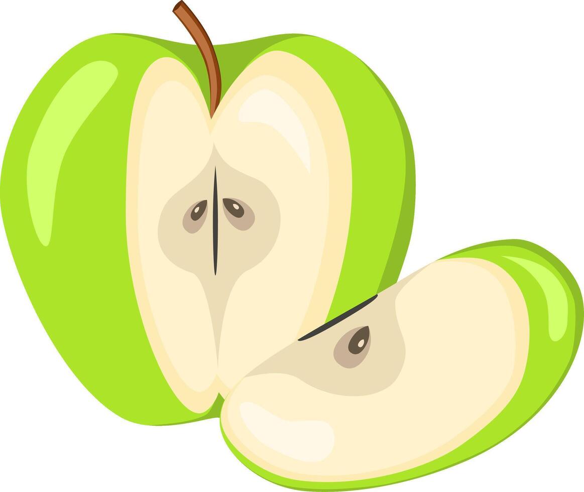 Green apple with and half apple, fruit slices and pieces in cartoon style. Healthy vegetarian snack food fruit, illustration vector